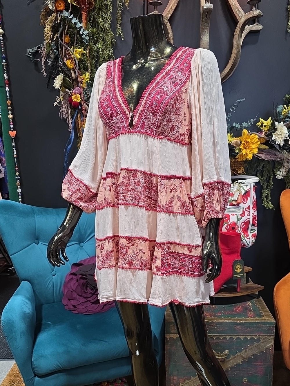 Free People Blush, Red and Peach Embroidered V‑Neck Tiered Mini Dress